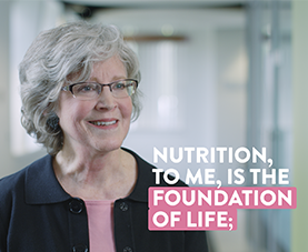 A frame of Melody Thompson discussing nutrition with the caption "nutrition, to me, is the foundation of life."