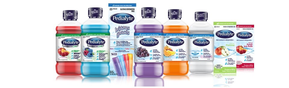 Les produits Pedialyte®, en format 1 litre ou en bâtons glacés, aident à prévenir la déshydratation chez les enfants