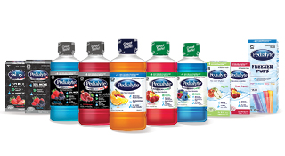 Row of Pedialyte® products: Pedialyte® AdvancedCareTM, Pedialyte®, Pedialyte® Powder Sachets, Pedialyte® Freezer Pops