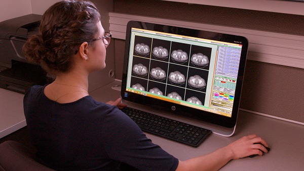 CT technician looks at brain scans on computer monitor