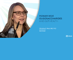 A slide shows Christina West and introduces her presentation called Human Milk Oligosaccharides and Gut Health.