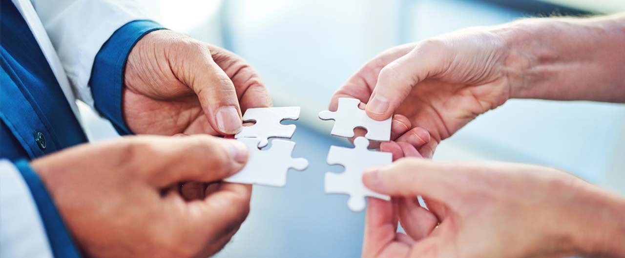 A healthcare professional and patient hold puzzle pieces.