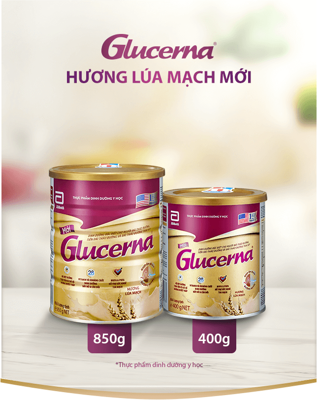 Hình ảnh 2 sản phẩm Glucerna dạng bột hương lúa mạch trong hộp 850g và 400g