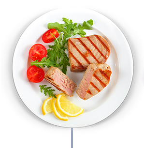 Lemon-grilled tuna steak with cherry tomatoes and arugula