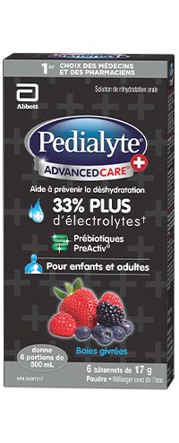 Bâtonnets de poudre d'électrolytes Pedialyte AdvancedCare Plus avec prébiotiques – baies givrées