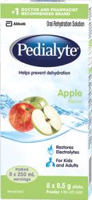 Pedialyte® powder packs in apple flavour help replenish lost fluids