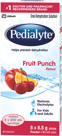 Pedialyte® powder packs in fruit punch flavour help regain lost fluids