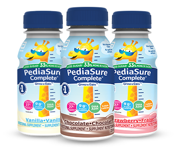 PediaSure Complete reduced sugar three bottles vanilla chocolate strawberry.png